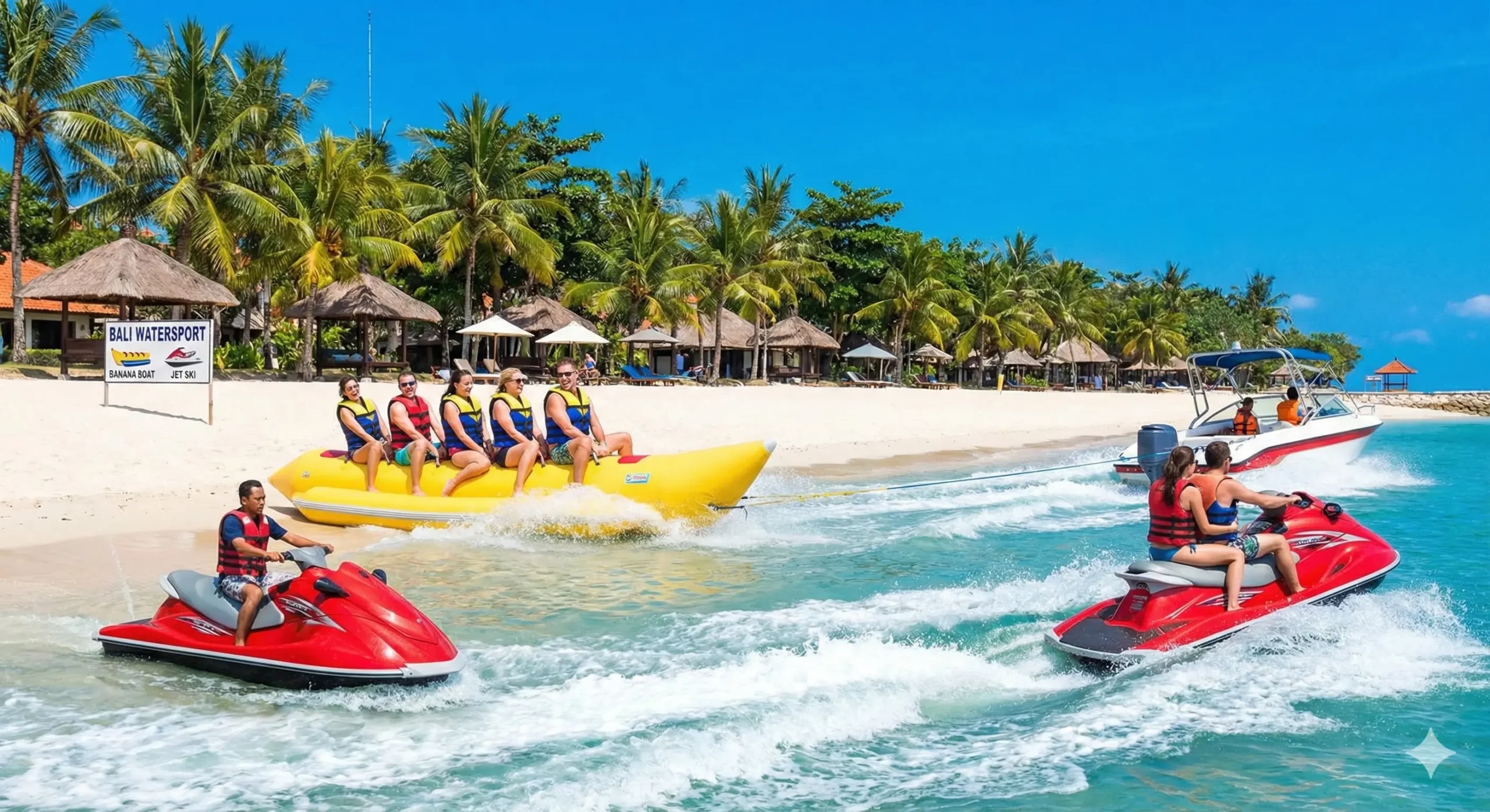 Bali watersport activities with banana boat ride and jet ski at a tropical beach